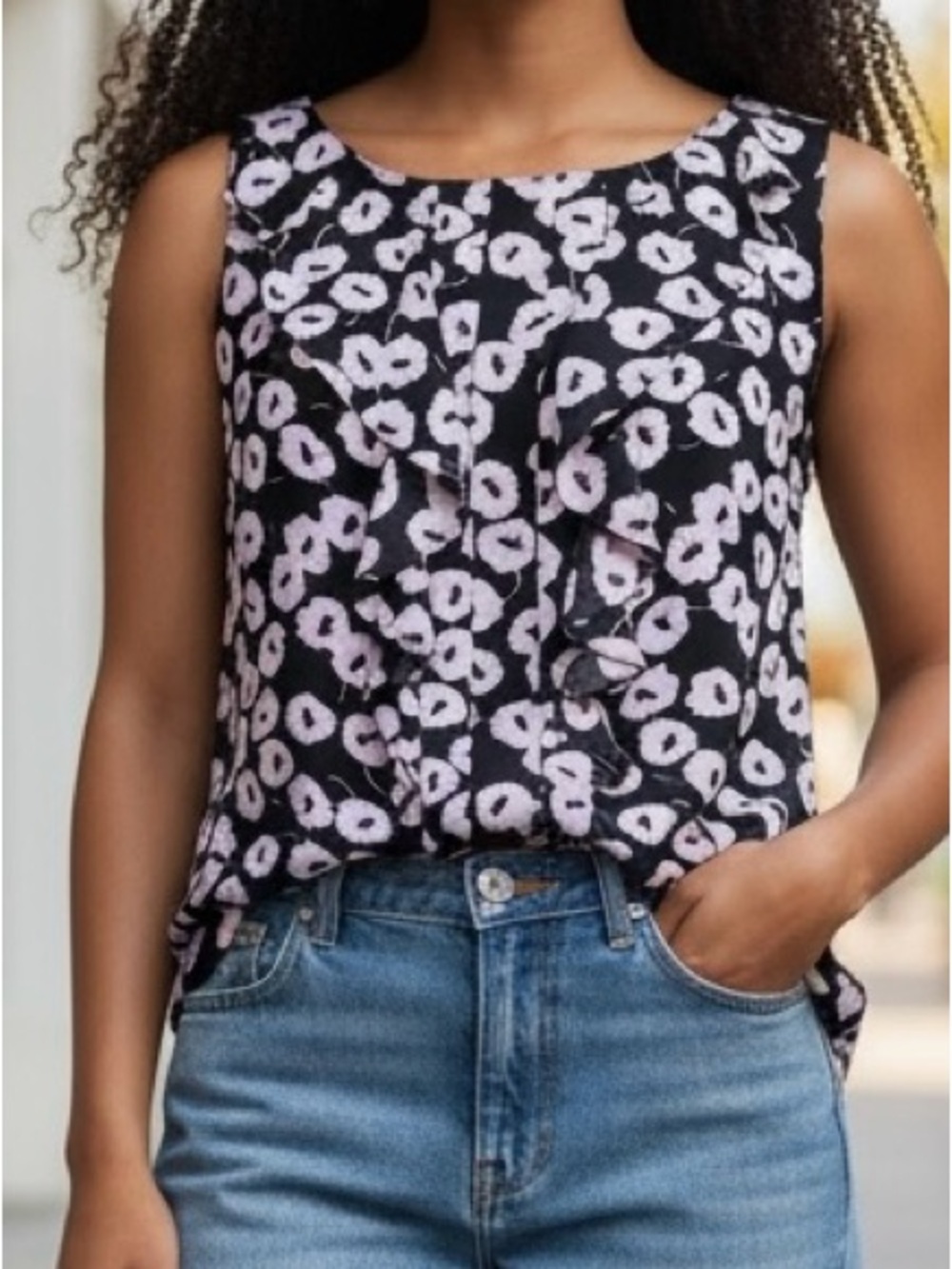 LOFT Black Sleeveless Blouse with Lilac Floral Pattern and Front Ruffle Size LP